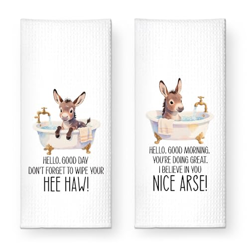 ZBBFSCSB Hello Good Day Bathroom Towels 2 Pack, Cute Donkey Farmhouse Bath Decor Hand Towels, Funny Animal Decorative Hand Towel for Mom Sister Friend Donkey Lovers
