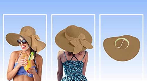 Straw Sun Summer Hat For Women, Female Wide Brim Upf 50+ Uv Protection Bowknot Cap, Stylish Braid Visor, Ladies Foldable Roll Up Packable Floppy Beach Hat With Windproof Chin Strap, Khaki #TOP1
