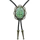 SELOVO Mens Bolo Tie Genuine Leather Green Big Stone Copper Tone