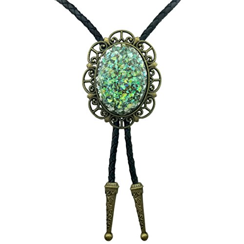 SELOVO Mens Bolo Tie Genuine Leather Green Big Stone Copper Tone