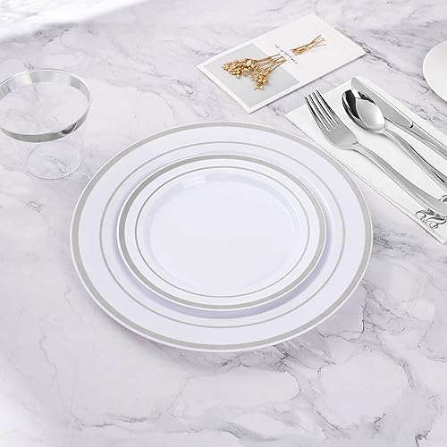 BESTVIP 100PCS 7 Inch Silver Plastic Dessert Plates, Disposable Plate with Silver Rim for Salad/Samll Cakes, Heavy Duty Plates for Party, Wedding and Birthday, Events by BESTVIP - Image 6
