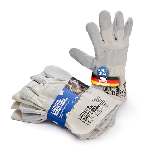 LAUTER SCHUTZ® Gants de travail robustes en cuir - Double couture & empiècements en coton [hommes & femmes] - Pour la forêt, le jardin, chantier, mécanique - (TAILLE UNIQUE, PACK DE 6)