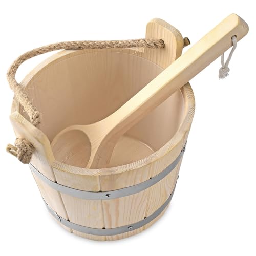 Kit Sauna 9.9'' Secchio Sauna in Legno Conservante con Rivestimento in Plastica con Mestolo Barile Rinforzato per Sauna con Manico Spesso per Sauna Bagno Secchio in Legno Kit Sauna Barile Sauna