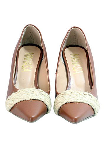 Scarpin Com Trança Em Corda Linhaça Salto Grosso Cor:Marrom;Tamanho:36;Gênero:Feminino