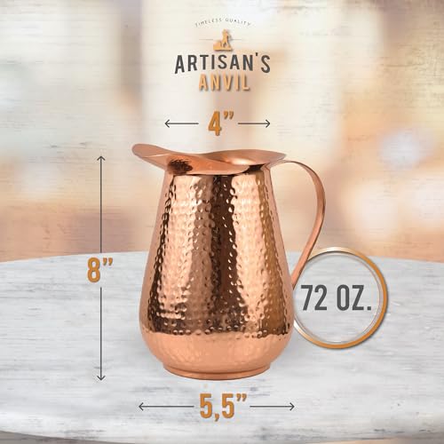 Artisan's Anvil Hammered Copper Pitcher w/Handle, 100% Copper, Heavy Duty, Handmade, 70 fl. Oz., Best for Water, Ayurveda, Moscow Mules, Cocktails