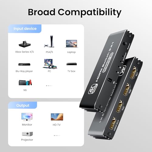 NEWCARE HDMI Switch 3 in 1 Out 4K@60Hz, 3 Port Aluminum HDMI Switch Box Support Auto-Switching, VRR ALLM HDR 3D Audio, HDMI Splitter with Remote for PS5/4, Xbox, PC, Streaming Device