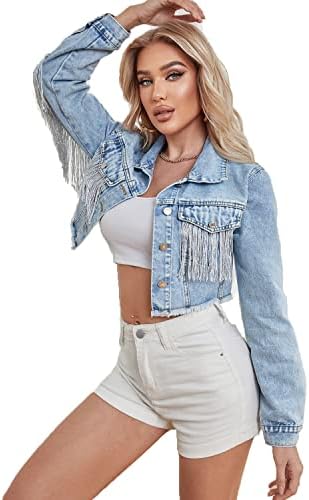 YILANUOYI Women’s Crop Denim Jacket Tassel Casual Jean Coat With Fringe (S, S107Blue)