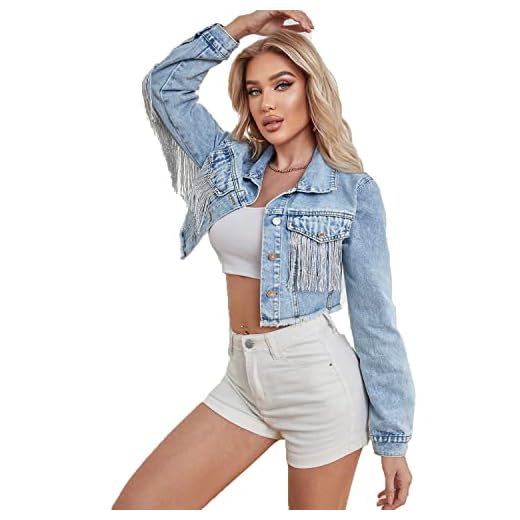 Women’s Crop Denim Jacket Tassel Casual Jean Coat With Fringe (S, S107Blue)