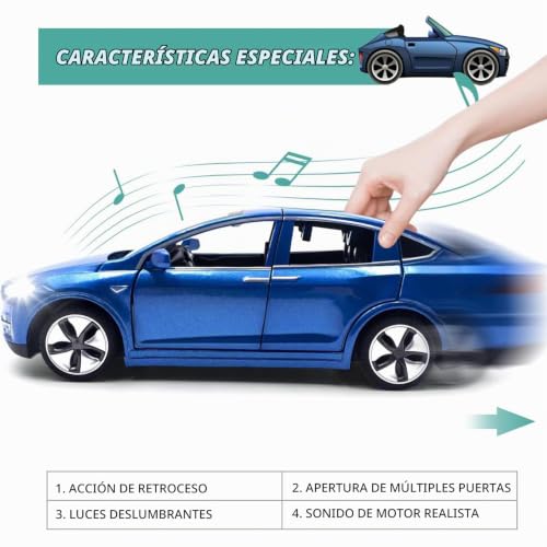 Miniatura 4 de Topron Modelo De Coche Tesla Model X Escala 1:32, Juguete Electrónico De Aleación Fundida A Presión Con Función De Retroceso,Con Luces Y Música, Mini Vehículo De Juguete Como Regalo Para Niños Azul