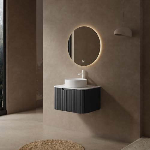 Image of KEIKI 24 inch Wall-Mounted Floating Bathroom Vanity with Sink Combo, Modern 3D Striped Storage Cabinet with Curved Edges & Soft-Close Drawer, Ceramic Basin Without Faucet, Black