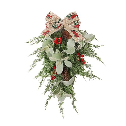 YLSZHY Guirnalda de Lágrima Navideña de Hoja de Ciprés Artificial, Guirnalda Festiva para Colgar Al Revés con Bayas para Fiesta de Navidad, Hogar, Puerta Delantera, Pared, Ventana,