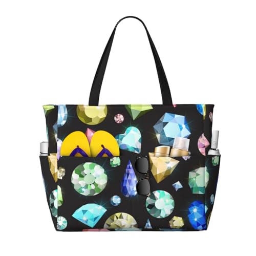 Grand sac de plage raffiné avec motif pierres précieuses colorées pour femme élégante