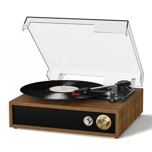 FYDEE Plattenspieler, mit USB-Wiedergabe und -Aufnahme, Bidirektionalem Bluetooth, 3-Gang-Umschaltung (33/45/78 U/min), Eingebauten Stereo-Lautsprechern und RCA-Ausgang - Teakholz