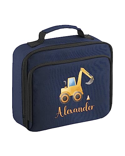 Hoolaroo Personalised Navy Blue Tractor Digger Lunch Bag with Construction with Name Back to School Kids Toddler Lunch Box - Insulated, Nursery