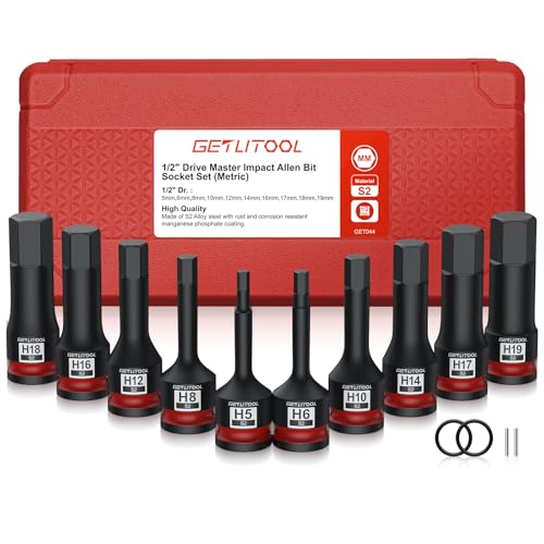GETLITOOL 10 Vaso Hexagonal de lmpacto tipo llaves Allen para Llave Impacto, 5mm-19mm Acero S2 con Tamaño Marcado y Caja de almacenamiento para reparación de Automóviles, Mantenimiento