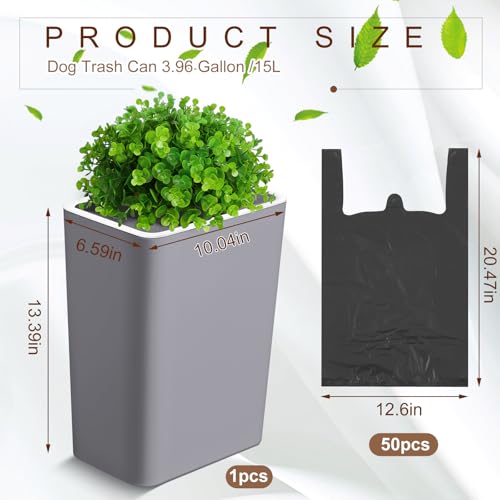 Image of Jingmore Dog Poop Trash Can Outside 3.96 Gal /15 L Plant Styled Dog Waste Trash Can with Lid 50 Waste Bags Outdoor Indoor Poop Container Slim Garbage Bin for Yard Garden Pet (Gray)