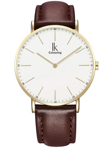 Alienwork IK Reloj Hombre Mujer Oro Pulsera de Cuero Marrón Blanco Ultra-Delgada