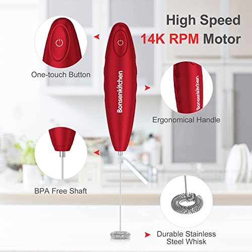 Bonsenkitchen Milk Frother Handheld Battery Operated Electric Foam Maker, Drink Mixer With Stainless Steel Whisk For Cappuccino, Matcha (Silver+Red) #TOP6