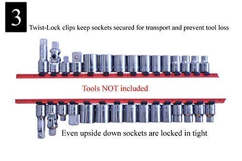 Mltools Socket Organizer - 90 Pieces Universal Twist-Lock Clips To Fit 1/4", 3/8", 1/2" Socket Driver - Includes 2 Trays, 6 Rails (15 Clips Each), Labels -Tool Box Accessories Made In Usa - Red & Blue #TOP2