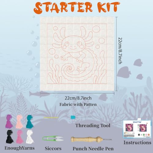 Image of BEUNITONE Pink Axolotl Punch Needle Kit for Adults Beginners, Complete DIY Craft Needlepoint Kits with Hoop, Punch Needle Starter Craft Embroidery Set for Handmade Decor & Stitching Projects 9.4X9.4 inch