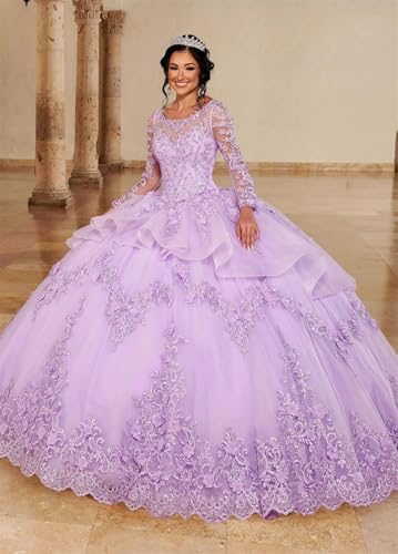 ZHengquan Flower Apllique Quinceanera Dresses Ball Gown Long Sleeves Tulle Sweet 16 Dresses Beaded Puffy Princess Dress2