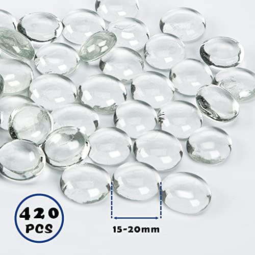VGOODALL Clear Glass Pebbles, 420PCS Transparent Flat Stones Aquarium Marbles Vase Filler Beads Table Scatter Gems