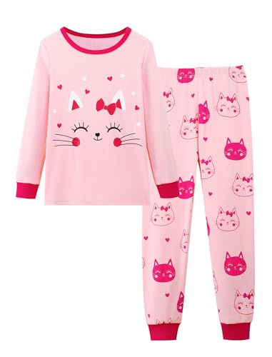 Mikrdoo Girls Pajamas Cute Crew Neck Tween Girl Pajamas Fashion Long Sleeve Pink Cat Kids Pjs Cotton Sleepwear Set Size 10