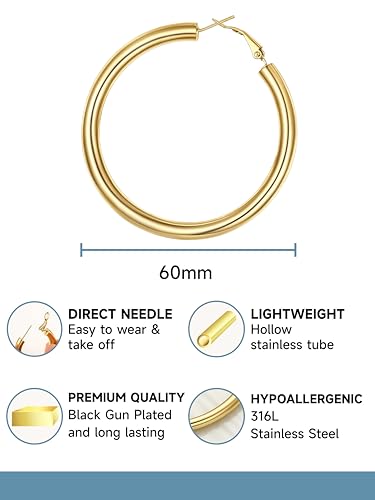 Image of Stainless Steel Chunky Hoop Earrings For Women, Minimalist and Chic, Black /Gold Plated, Round Hoops Earrings Hypoallergenic, Size: 30mm /40mm /60mm /80mm, Come with Box