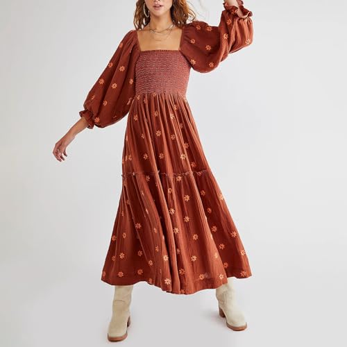 Robe longue brodée florale 3D à manches bouffantes chic - 4