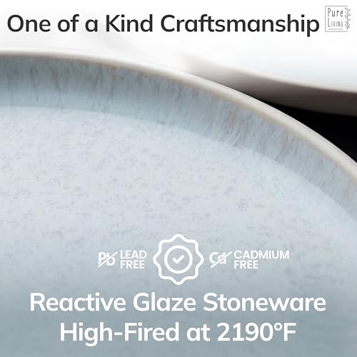 Image of 12 Piece Stoneware Dinnerware Set for 4 - Handmade Reactive Glaze Plates and Bowls Set - Chip & Scratch Resistant Dish Set - Dishwasher Microwave Safe - Light Beige & Blue