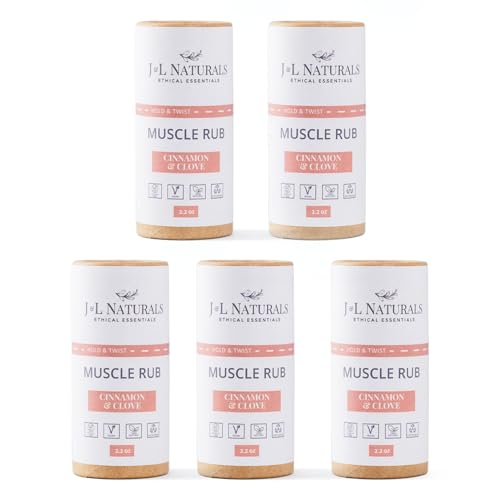 J&L Naturals Muscle Rub | Cream for Achy + Sore Muscles, Joints, Back, Knees, Shoulders | Soothing & Nourishing | Vegan, Sustainable, Cruelty Free, Natural, Made in US (5-Pack Bundle)