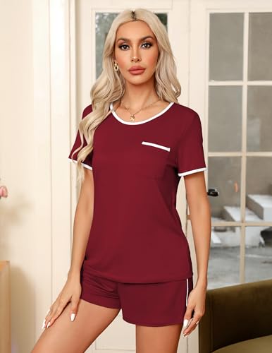 Image of Ekouaer Pajama Set for Women 2 Piece Lounge Set Short Sleeve Tops and Shorts Soft Sleepwear, Chest Pocket