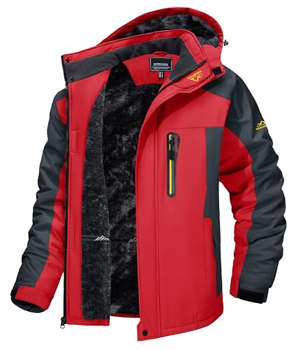 TACVASEN Men's Winter Ski Jacket Waterproof Snow Coats Snowboard Fleece Lining Jacket Warm Parka with Hooded Red L