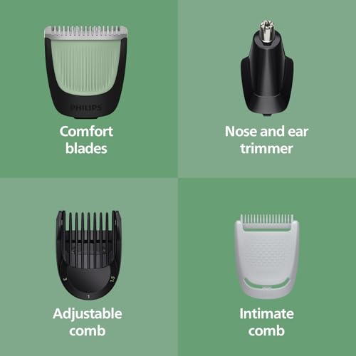 Image of Philips India's No.1 Men's Trimmer | Single stroke beard trimming | 9-in-1 All in One Grooming Kit- Face, Hair & Body| Ear /Nose Trimmer attachment | Intimate Comb | 2+3yrs* warranty | MG3927