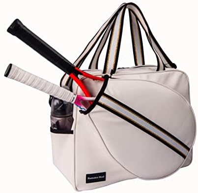 Remobia Hicol White PU Leather Women Large Sports Handbag Tennis Racket Shoulder Bag Tennis Tote Bag with Front Pocket for Tennis Rackets