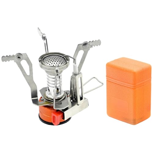 wkao Portable Burner Camping Stove, with Igniter, Lightweight 3.2 Oz Orange Stainless Steel, Foldable Anti-Slip Stand, Includes Storage Box, Mini for Backpacking