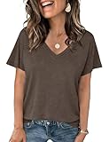 Crewhpo Camiseta Básica Mujer Verano Manga Corta Cuello en V Blusas Elástico Ligero Color Sólido Camisetas Casuales Top