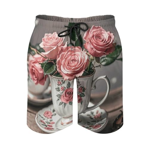Mens Shorts Tea Cups with Roses Romantic Shabby Men Swim Trunks Quick-Dry Beach Shorts with Drawstring Pocket Bathing Suit XL4