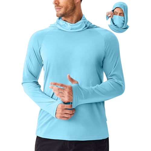 Mens UPF 50+ Fishing Shirts with Mask Long Sleeve UV Sun Hoodies Hiking Running Swim Athletic Workout Shirt Quick Dry