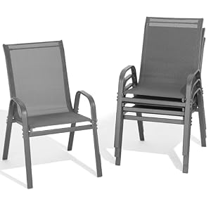 Patio Chairs Set of 4, All Weather Breathable Stackable Outdoor Dining Chairs with High Back and Wide Seat, Easily Set Up Outdoor Chairs Set of 4 with Metal Frame for Backyard Garden Pool, Grey