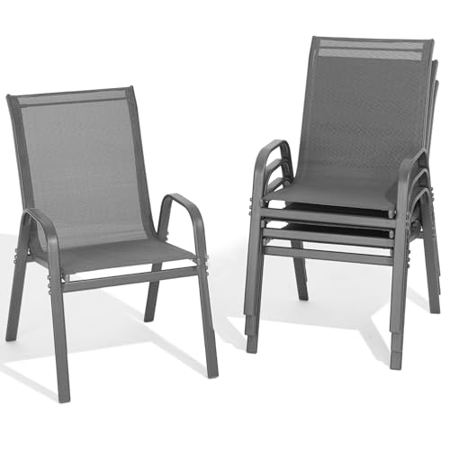 Patio Chairs Set of 4, All Weather Breathable Stackable Outdoor Dining Chairs with High Back and Wide Seat, Easily Set Up Outdoor Chairs Set of 4 with Metal Frame for Backyard Garden Pool, Grey