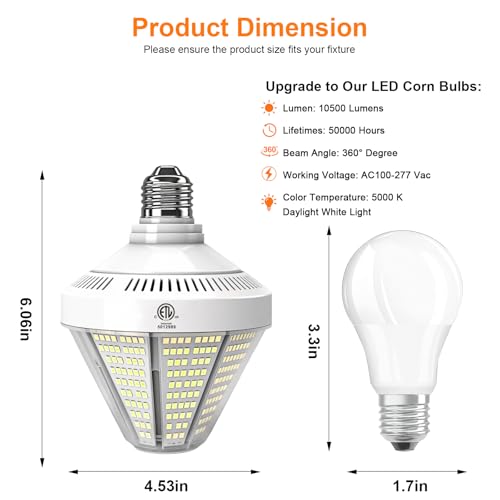 10500 Lumen LED Corn Cob Light Bulb, 70 watt, 700 watt Equivalent, 5000K Daylight Light, E26 E39 Mogul Base, Garage Lights Bulb, 100-277v Energy Saving LED Light for Indoor Outdoor 2 Pack by CA New Sunshine - Used condition - Image 2
