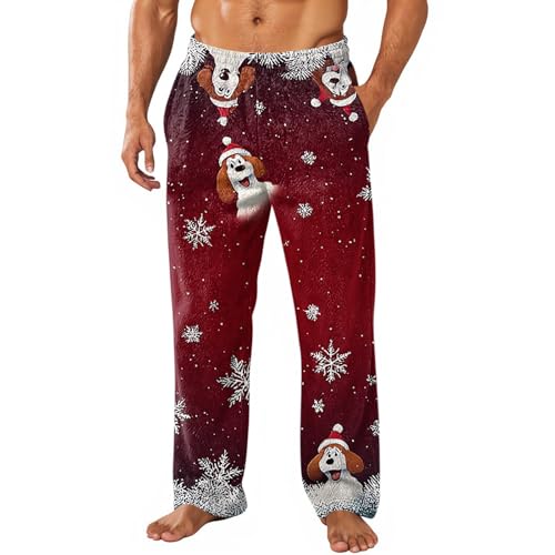WENKOMG1 Mens Pajama Pants Soft Tall - Reindeer Snowflake Graphic Xmas Holiday Lounge Pajama Pant Silk for Men Pajama Fashion Clothes Pijamas Navidenas Algodon (XXL - Deep Red)