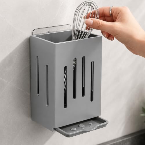 Image of KitchAntiqueWall Mounted Utensil Holder with Hooks | Self Draining Cutlery Organizer, Adhesive Installation | Waterproof Kitchen Spoon Chopstick Storage Rack for Countertop & Wall Use (1Pc, Grey)