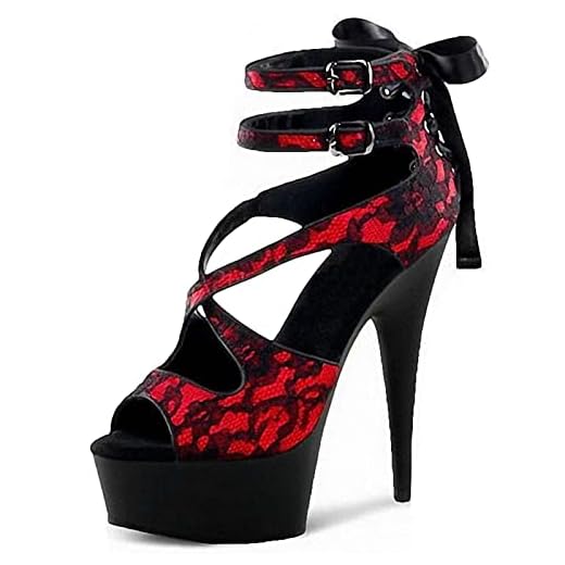 BeAUZQ Kvinnors sexiga spets ihåliga sandaler 6 tums stilett högklackat mode rosett Bröllopsfest Balklänning Pumps Fetisch högklackat Skor storlek 35-46,Red,43
