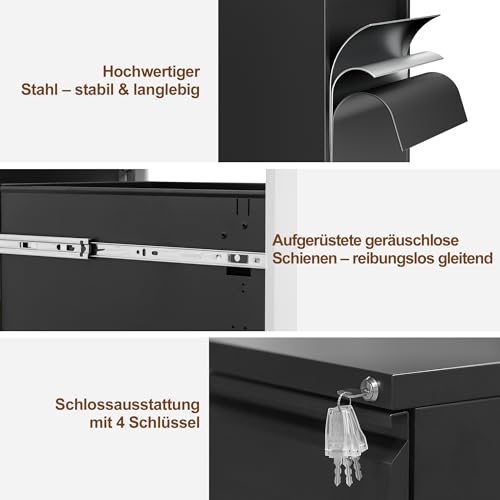 LVSTEEL Rollcontainer, Aktenschrank Abschließbar mit 4 Schlüsseln, Aktenschrank unter Schreibtisch, mit 2 Schublade, Vormontiert… – Ansicht 3