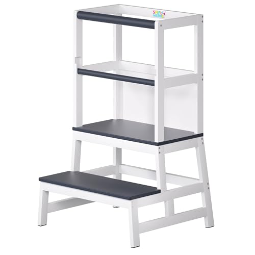 SPIELWERK® Torre de Apendizaje para Niños Taburete Infantil 2en1 Madera de Pino Anti Vuelco Pizarra Ayudante Cocina Antideslizante