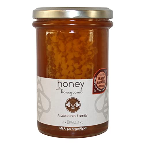 Alabasinis Family – Miel Griega con Panal, 400 g | 100% Natural y Artesanal | Miel Pura de Grecia | Aroma Intenso y Textura Crujiente | Sin Aditivos ni Conservantes