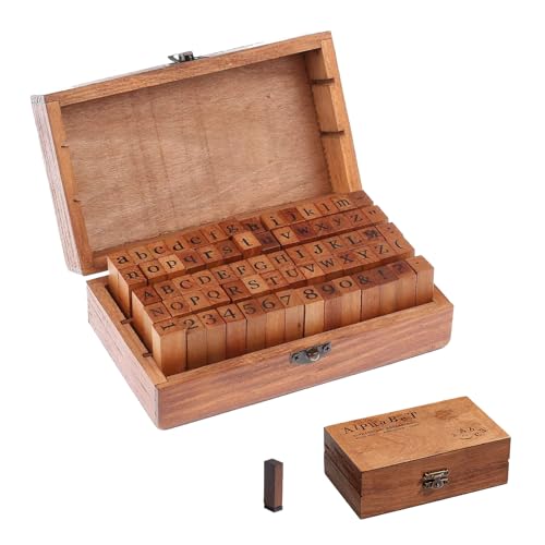 FUSONGQINTANG 70 Piezas Juego de Sellos del Alfabeto Madera Goma Letras Sellos Multiusos Vintage Sellos con Caja de Madera para Manualidades