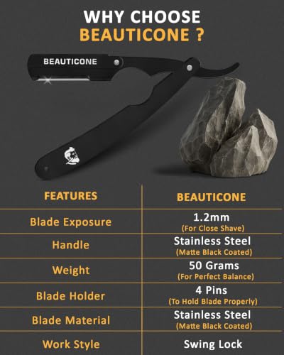 Image of BEAUTICONE Straight Razors for Men - Professional Barber Straight Edge Razor Kit with Replaceable Single Edge Blades - Navajas Para Barbero - Pouch Gift Box (All Black Swinglock New)